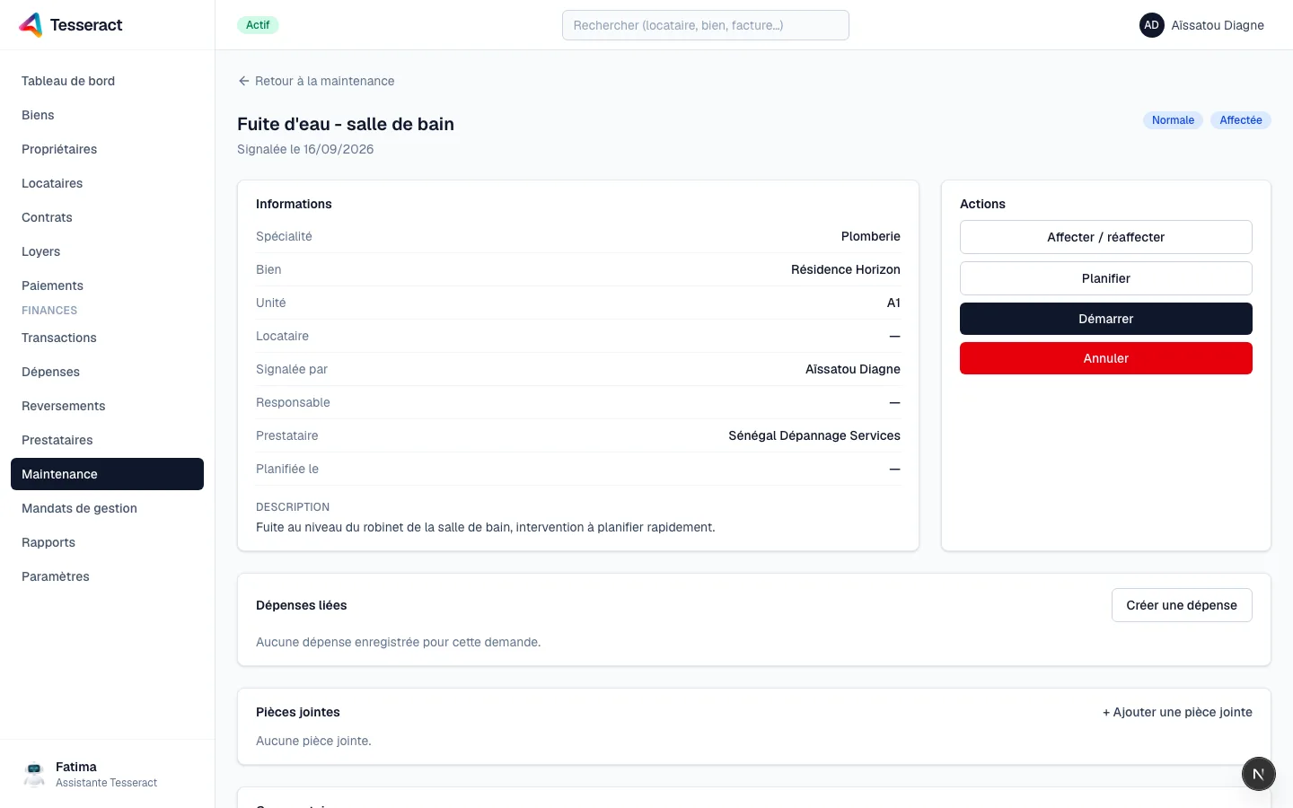 Fiche d'une demande de maintenance affectée, avec le prestataire assigné et les actions disponibles.