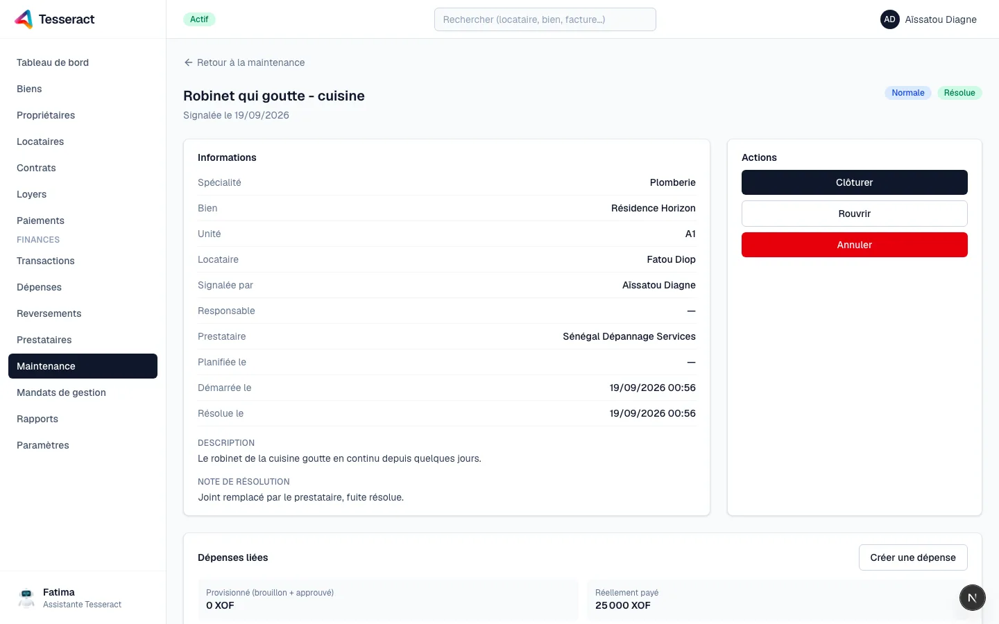 Fiche d'une demande de maintenance résolue, avec sa note de résolution.