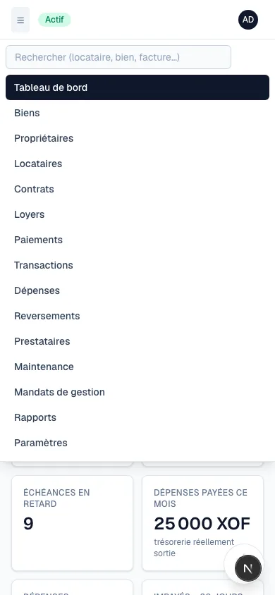 Le menu de navigation ouvert en plein écran sur mobile.