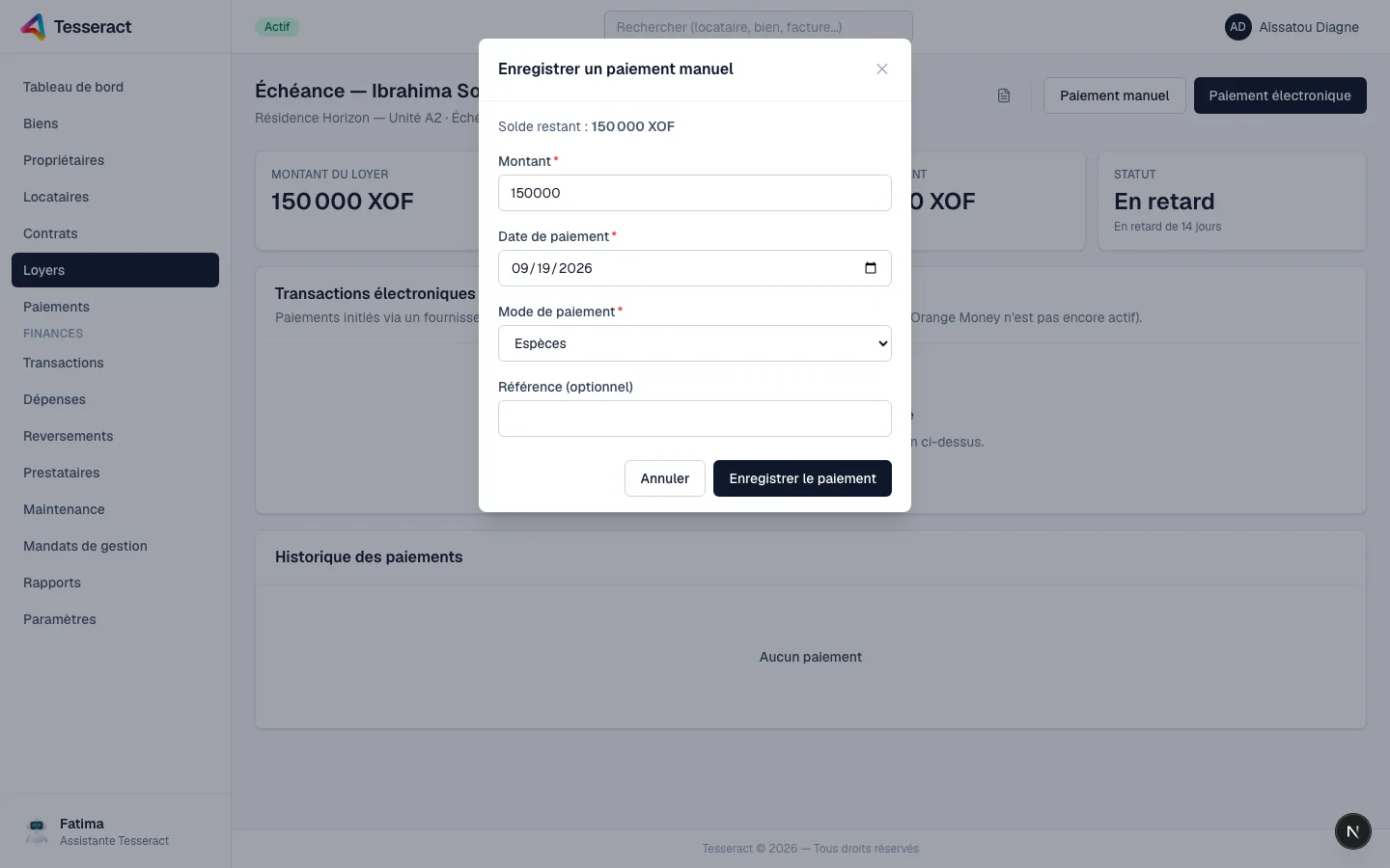 Modale d'enregistrement d'un paiement manuel, avec le solde restant, le montant, la date, le mode de paiement et la référence.