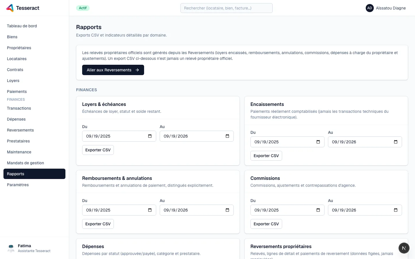 Le hub de rapports, organisé par domaine.