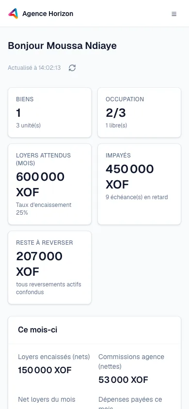 Tableau de bord du portail propriétaire affiché sur mobile.
