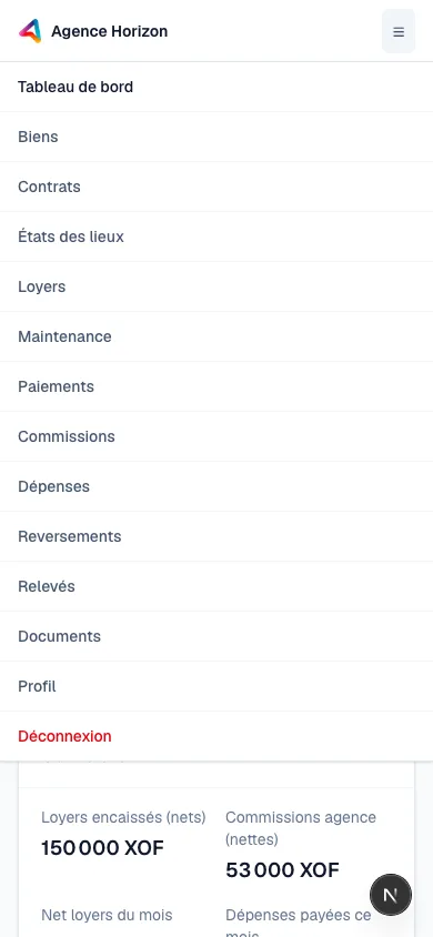 Le menu de navigation du portail propriétaire ouvert sur mobile.