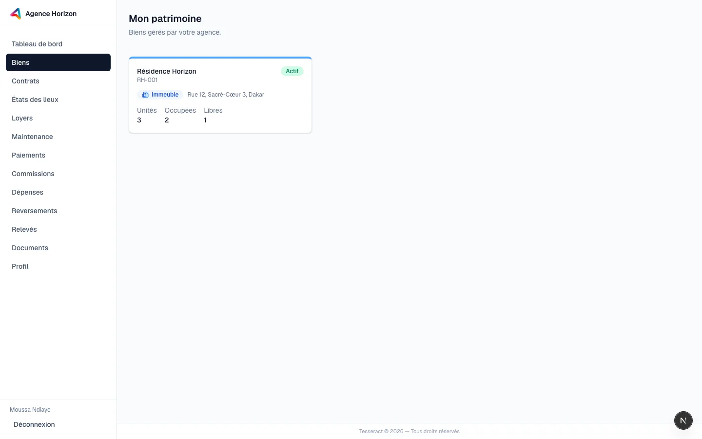 Liste des biens du propriétaire, avec le nombre d'unités, occupées et libres.