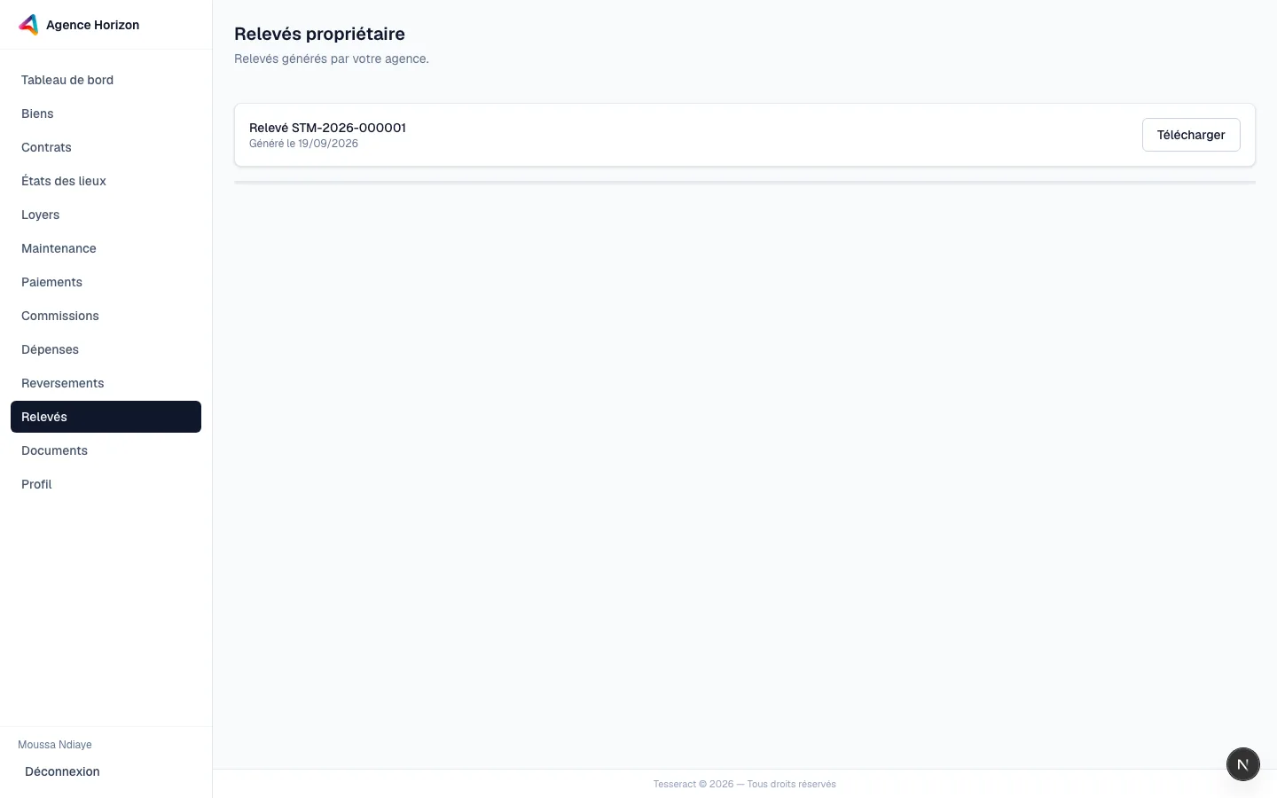 Liste des relevés propriétaire générés par l'agence, avec leur numéro et leur date.