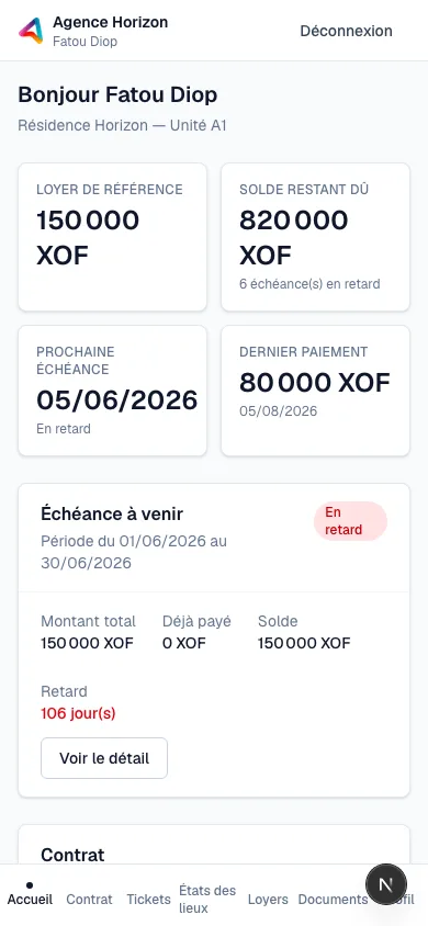 Le portail locataire sur mobile, avec sa barre de navigation basse toujours visible.