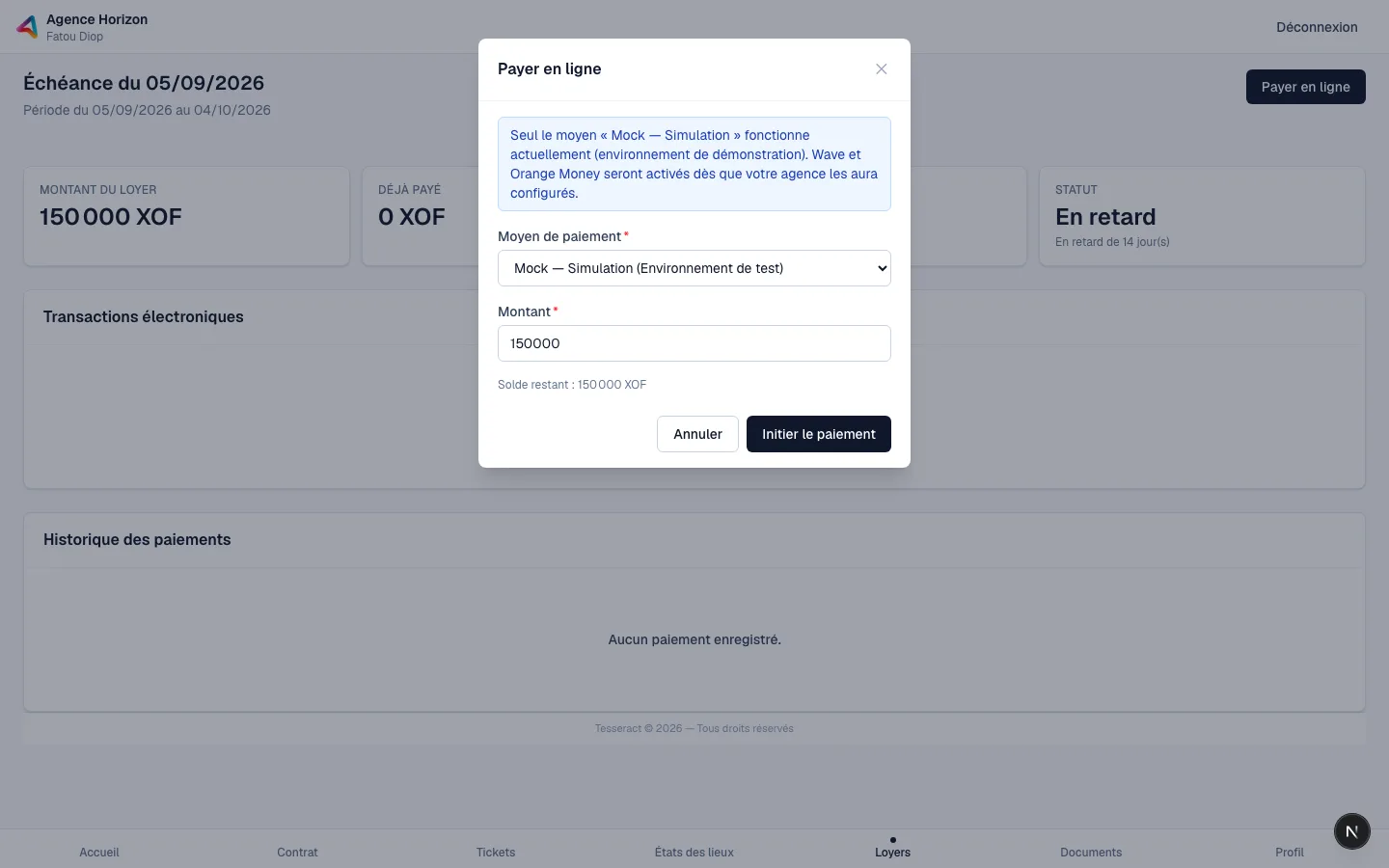 Fenêtre de paiement en ligne, avec le choix du moyen de paiement et le montant pré-rempli.